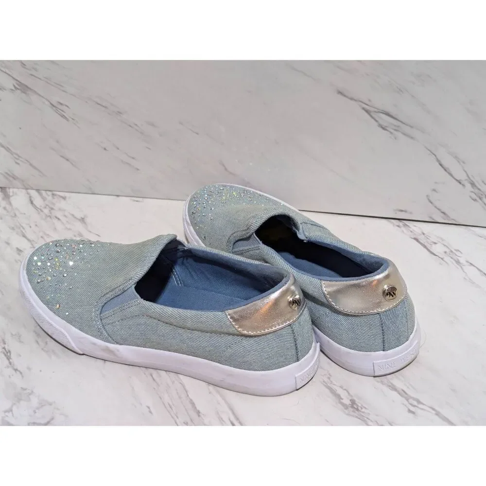 Nine West Women's Blue Denim Slip-On Sparkle Embellished Toe Sneakers Size 8